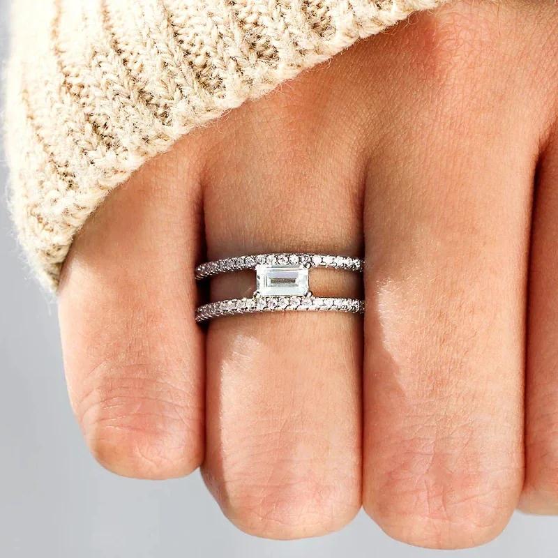Huitan Simple Stylish Rings with Double Layer Design Charming Exquisite Accessories for Women Shiny CZ Versatile Daily