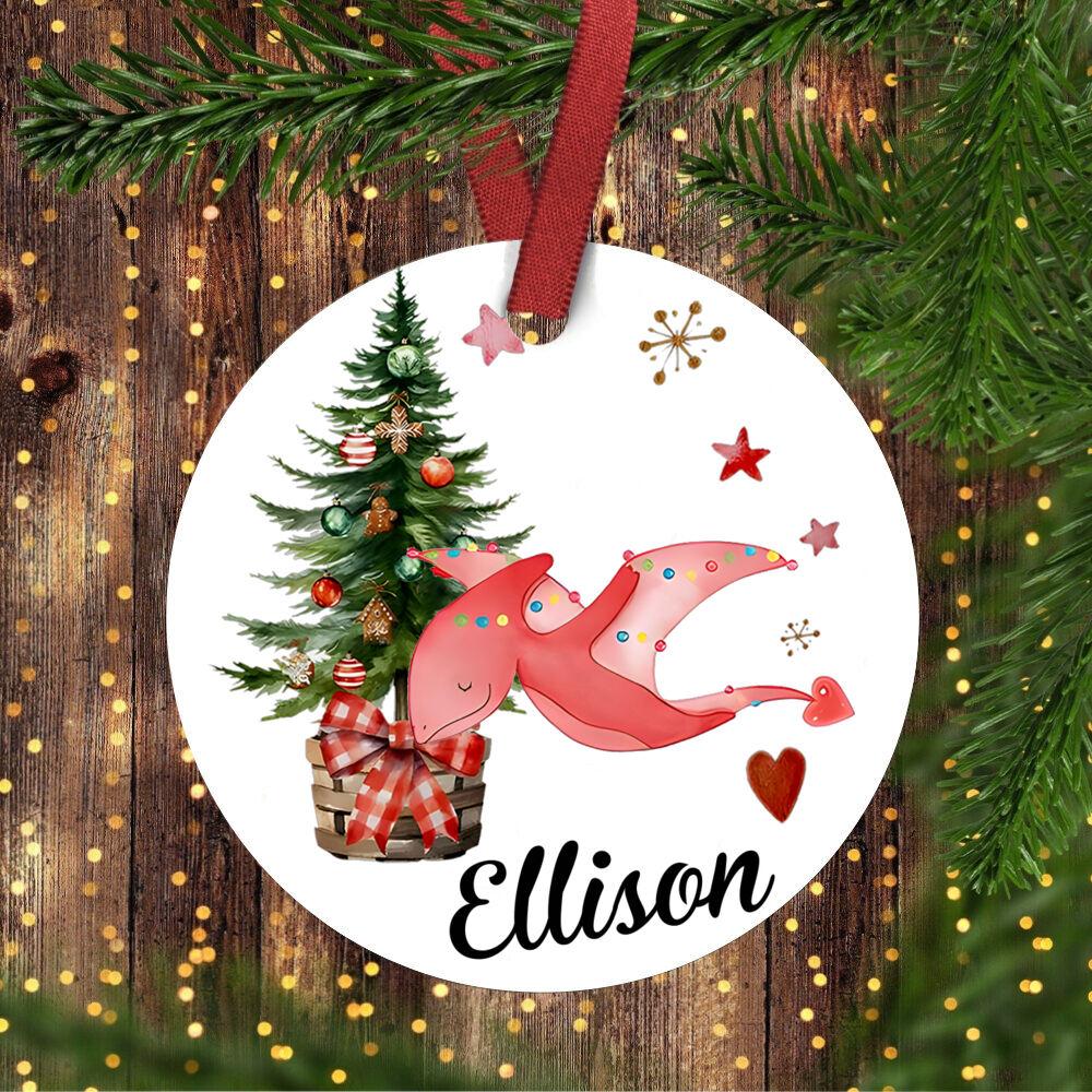 Personalised Christmas dinosaur decoration, Xmas tree ceramic hanging ornament, gift bauble, first Christmas keepsake present