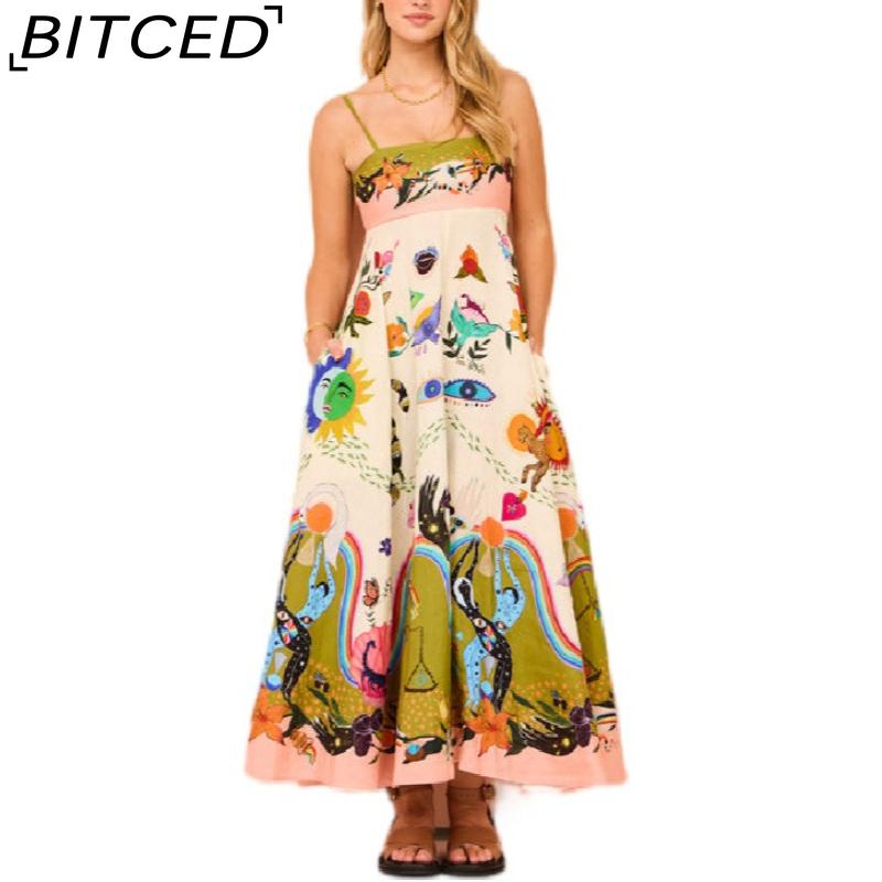 BITCED Spring/Summer Casual Maxi Dress for Women Spaghetti Strap Printed Linen 9 Colors Full-Skirted Dress