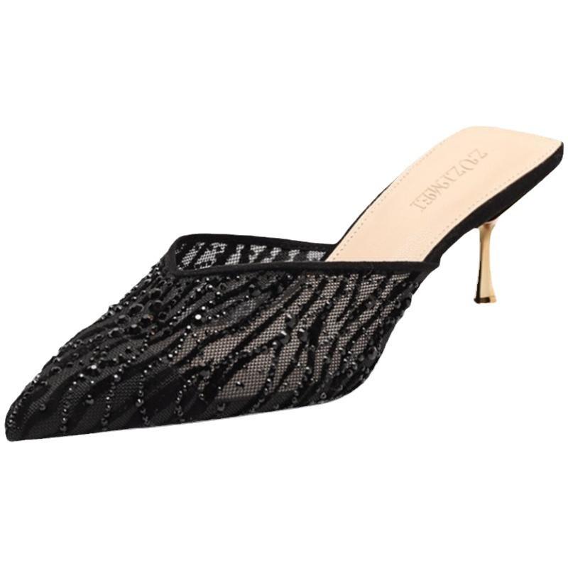 Pointed rhinestone bag head slippers women's summer 2025 new half slippers mesh crystal fine heel non-slip sandals women