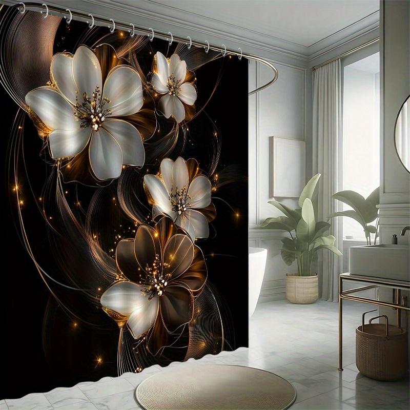 Golden-Embossed Four-Petal Flower Shower Curtain Set - White-Gold Flowers On Dark Background, Modern Bathroom Decor