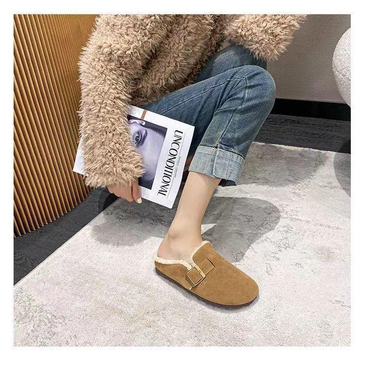 Soft-soled Birkenstocks women's fluffy bag head half slippers outer wear 2025 new autumn and winter velvet home maternity cotton slippers