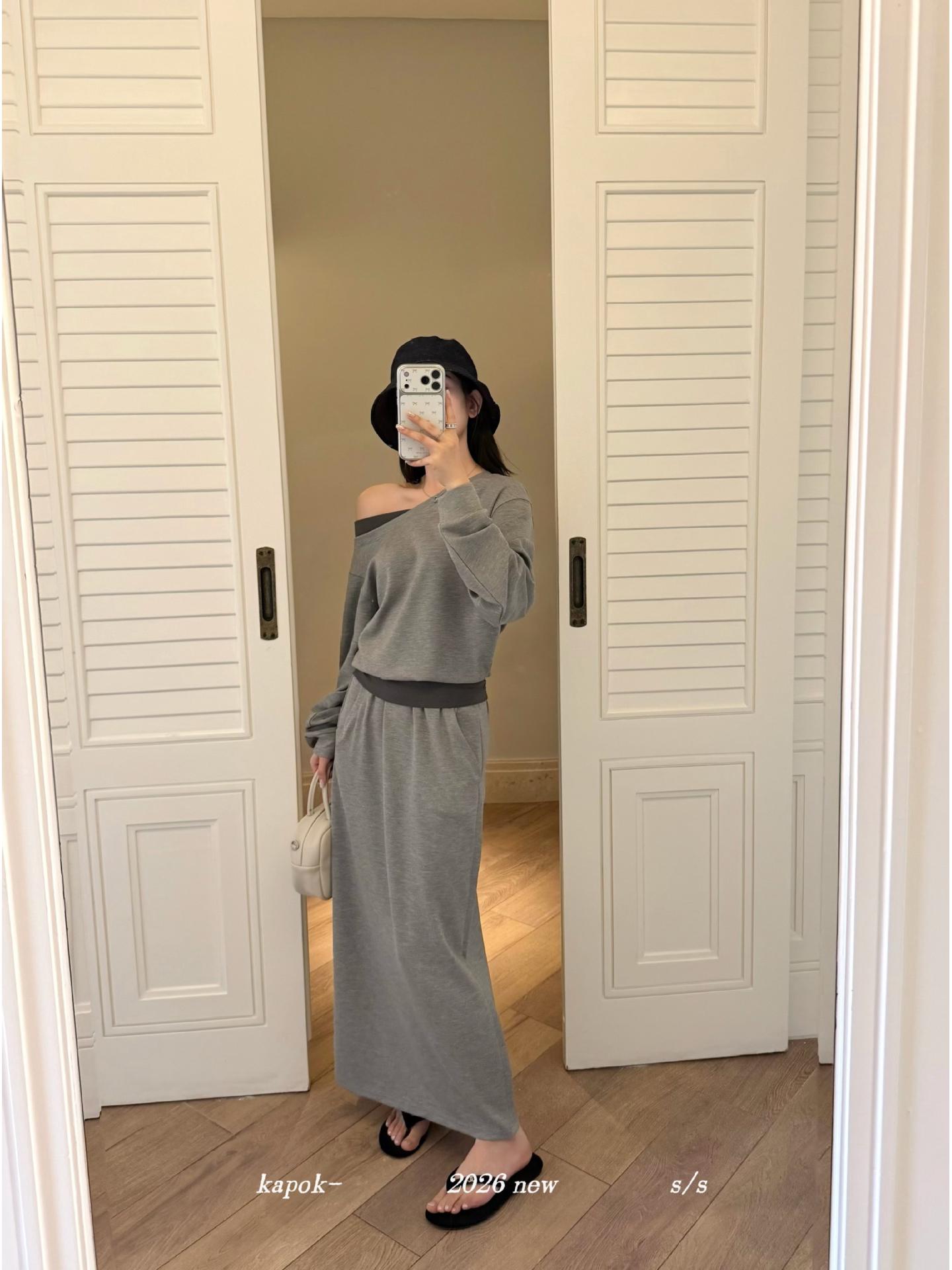 

Thirteen Rows [KAPOK] Spring Casual Top & Versatile Skirt Set Small серый