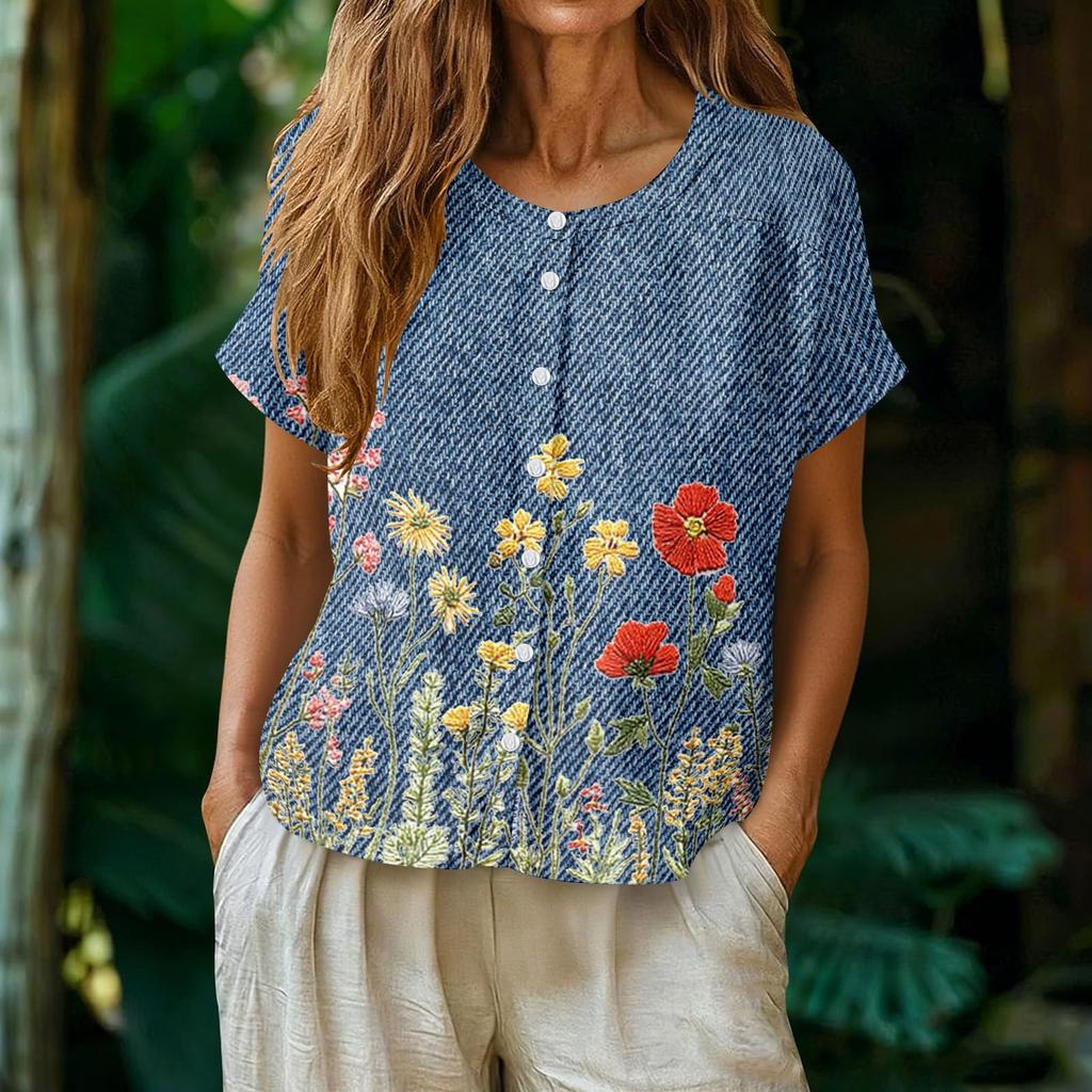 Women Casual Henley Neck Floral Print Button Front Short Sleeve Blouse Loose Fit Lightweight Top for Everyday Wear