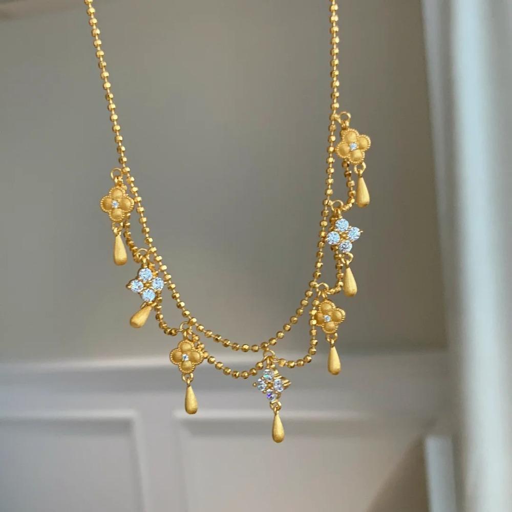 Luxury Four Leaf Clover Necklace Women Elegant Drop Tassel Diamond Vintage Princess Chain Collarbone Jewelry Gift
