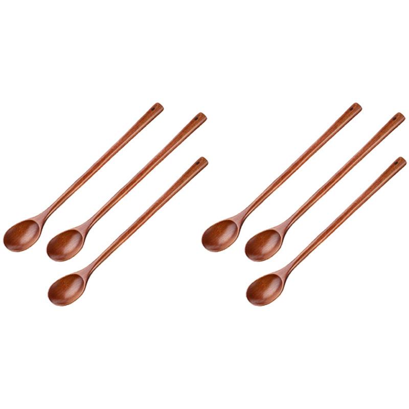 6 Pcs Wooden Mixing Spoons Kitchen Soup Serving Spoons Long Handle Cooking Spoons For Kitchen Stirring Serving Cooking-B61B