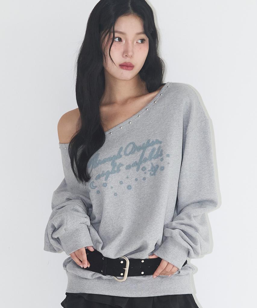 ILLIGO One-Shoulder Studded Boat Neck Sweatshirt Melange