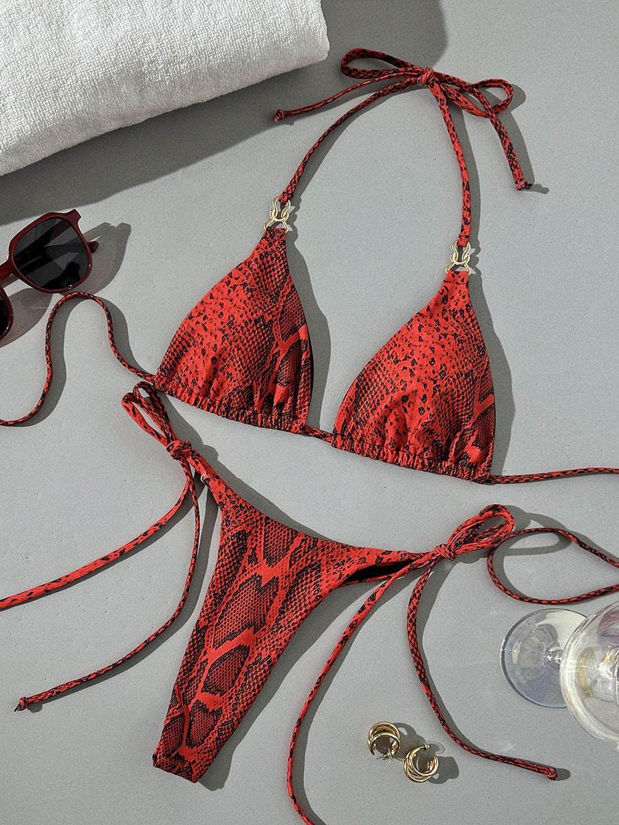 

Европейский и американский купальник бикини халтер на шнуровке со змеиным принтом - Коллекция 2025 Large