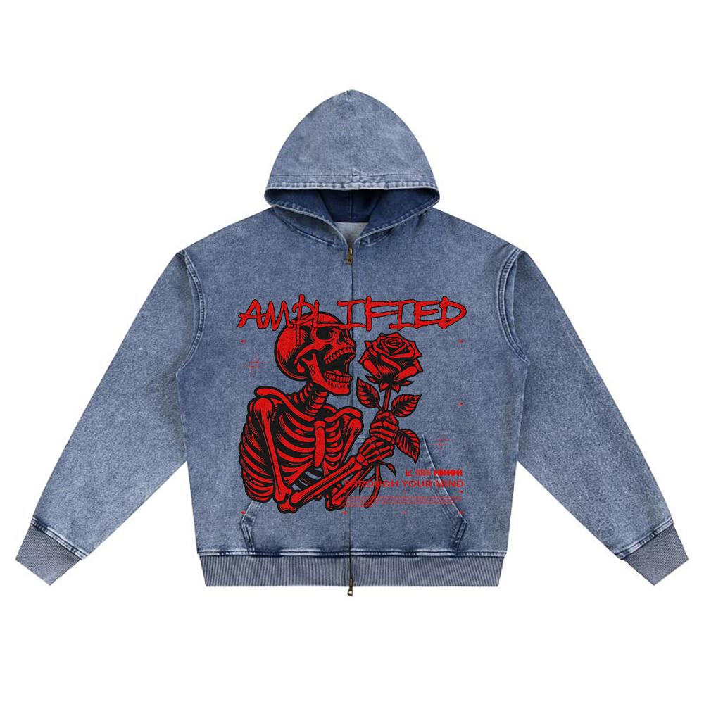 Nadruk DTG Dzianinowa Denimowa Bluza z Kapturem Zapinana na Zamek Streetwear Nadruk Brata Bluzy z Kapturem na Zamek