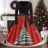 Women's Casual Vintage V-Neck Long Sleeve Dress with Christmas Print