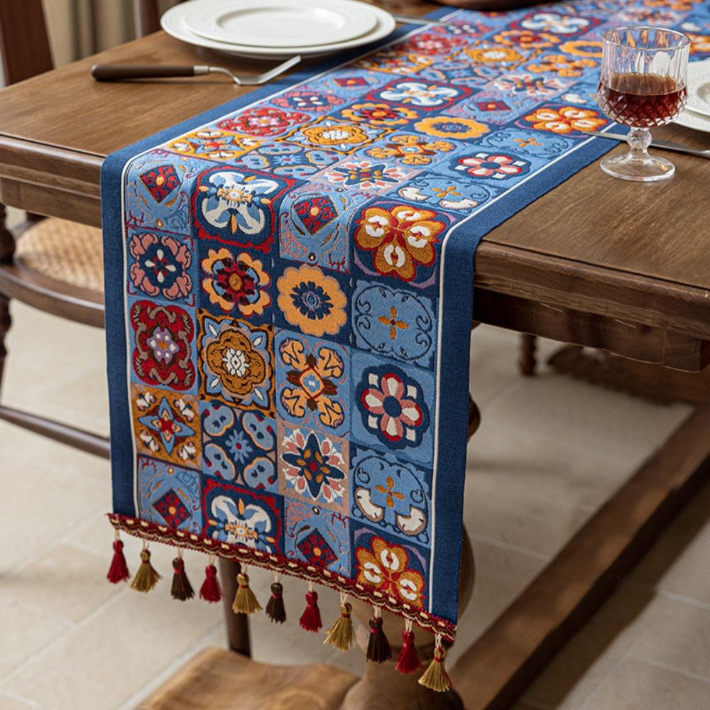 with Tassel Ethnic Style Table Runner Cotton Tablecloth Table Flag Table Cover  Table Decor