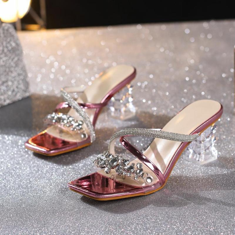 Fashion Bling Luxury Rhinestone Decoration Brand Slippers Women Fashion Transparent PVC Narrow Band Slide Sandals Sexy Party Dress Shoes