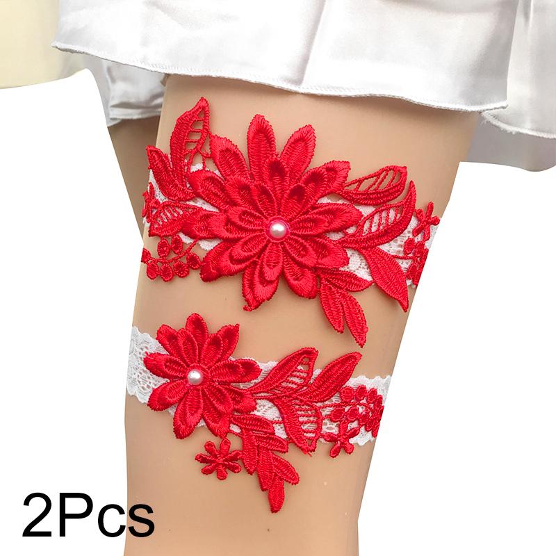 2 stücke Hochzeit Braut Strumpfbänder Spitze Blumen Nachahmung Perlen Elastische Bein Schleife Elegante Oberschenkel Bein Strumpfband Hochzeit Kleid Zubehör