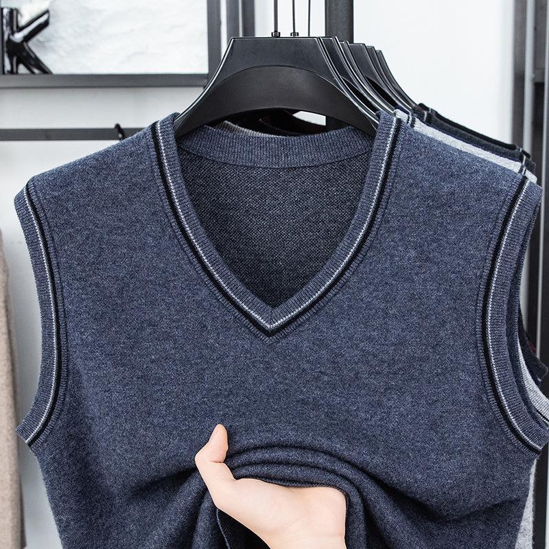 Men's V-Neck Wool Knit Vest - Autumn/Winter Solid Color, Middle-Aged & Elderly Style