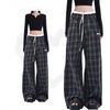 Retro Karierte Weitbeinige Hose für Damen mit Hoher Taille Lockere Freizeit-Hose für Bodenlang