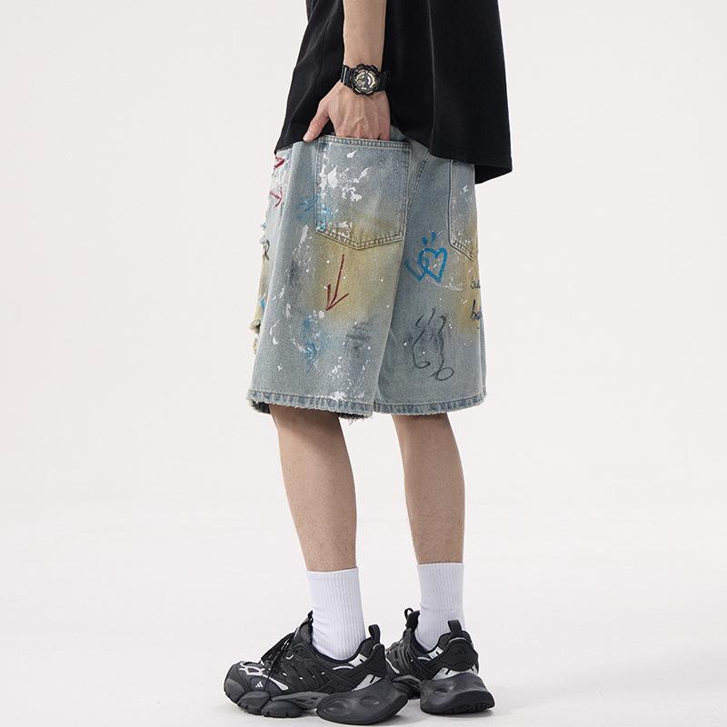 

Летние модные джинсовые шорты с рваным эффектом и трендовым граффити-принтом в американском стиле, мужские бриджи, шорты средней длины 2XL