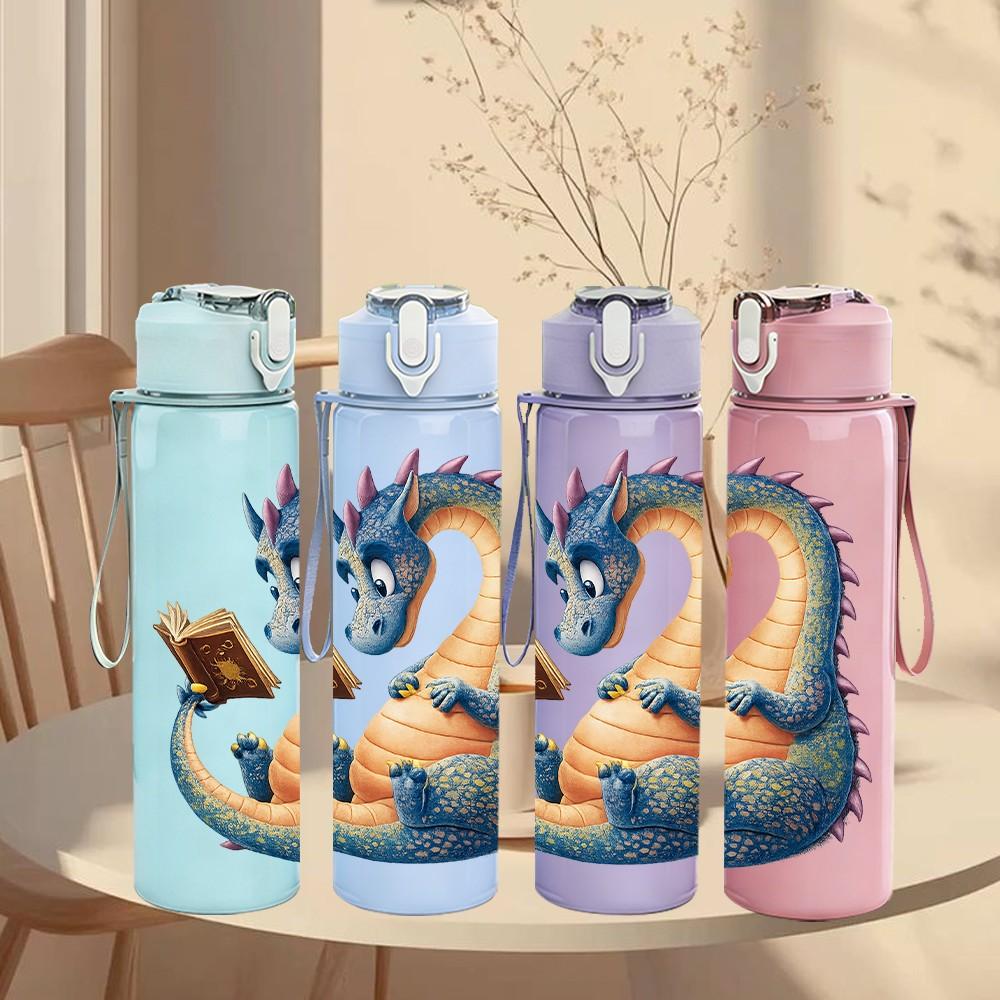 1PC Fantasy Blue Dragon Pattern 750ml Color Plastic Sports Water Bottle Leakproof Flip Straw Lid Suitable for Sports Office Home Use