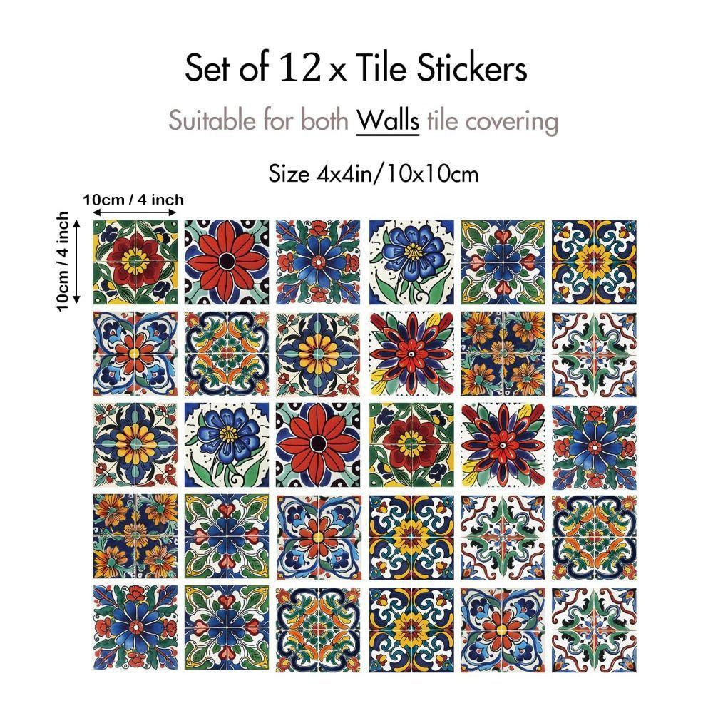 12Pcs Mandala Pattern Backsplash Tile Stickers Multicolor Design PVC Peel and Stick Tile Self-Adhesive Classic Style
