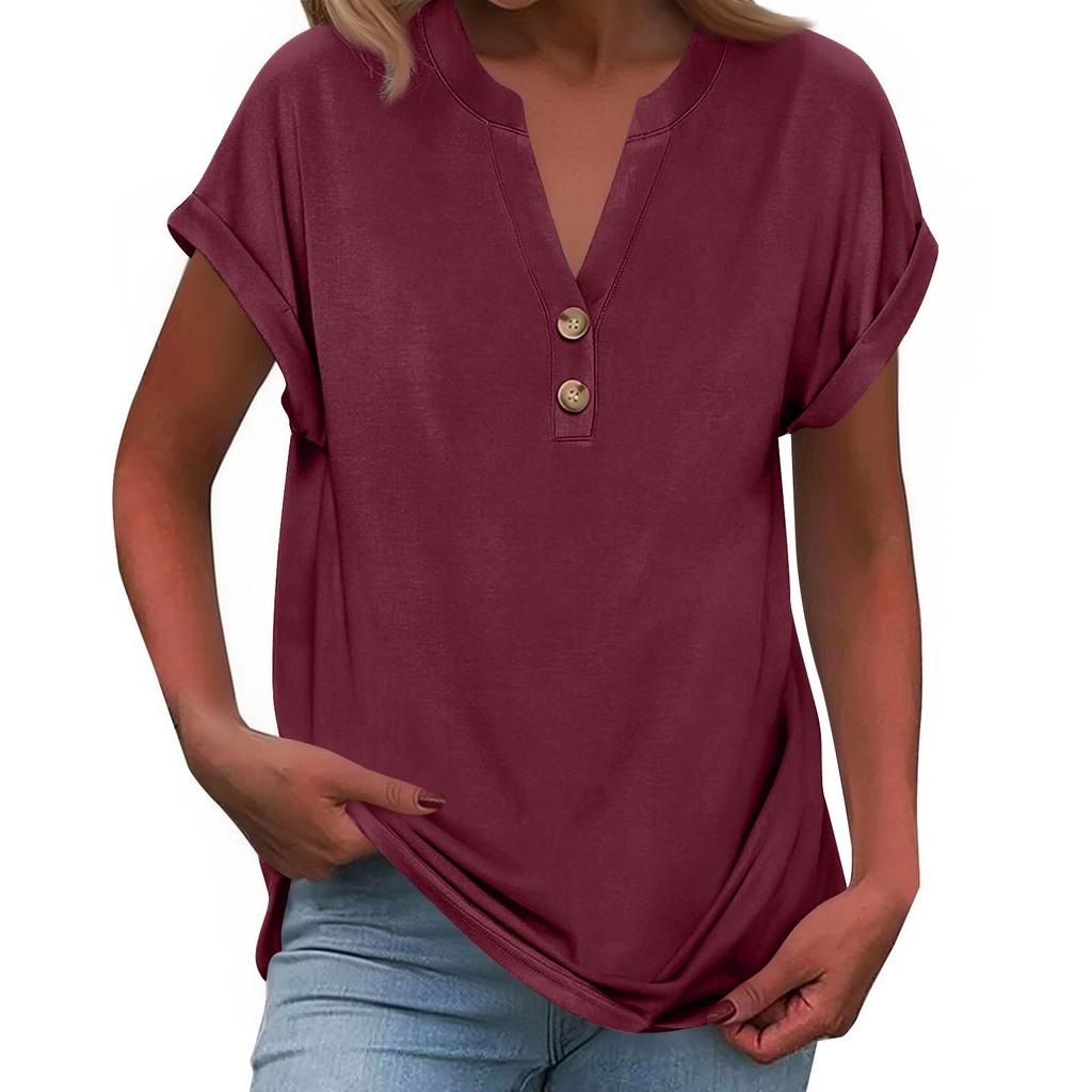 Women's Fashionable Casual Loose-Fit Short-Sleeved Button-Up V-Neck -Colour T-Shirt Top