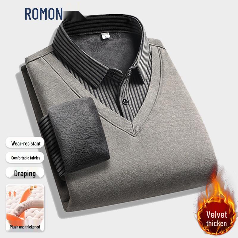 Romon Men's Fleece-Lined Faux Two-Piece Sweater with Shirt Collar