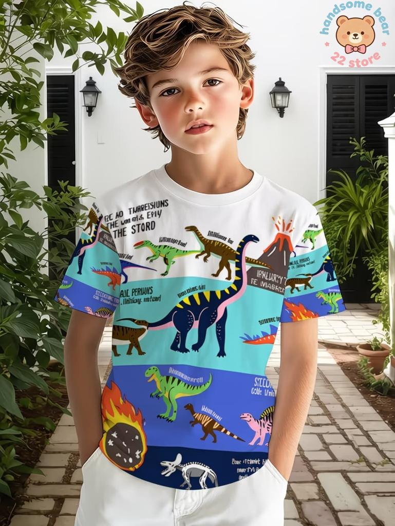 Boys Clothes Dinosaur Colorful Cartoon 3D Print Boys' T-Shirt Summer Short Sleeve Tops O-Neck Outdoor Casual Children's Clothing