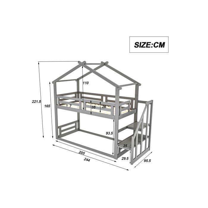 Lit superposé - MUVOE - 90x200 cm - Bois massif - Échelle de sécurité - Gris