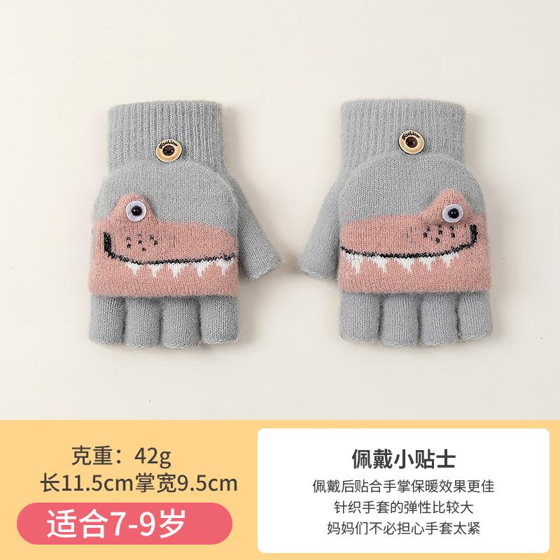 Autumn and Winter Warm and Cold Half Finger Flip Cartoon Crocodile Boy Baby Mink Velvet Primary School Students Writing Children's Gloves