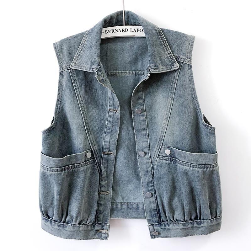 WTEMPO Denim Vintage Sleeveless Loose Single Breasted Women's Vest Jacket Coats Korean Fashion Short Coat for Women Spring