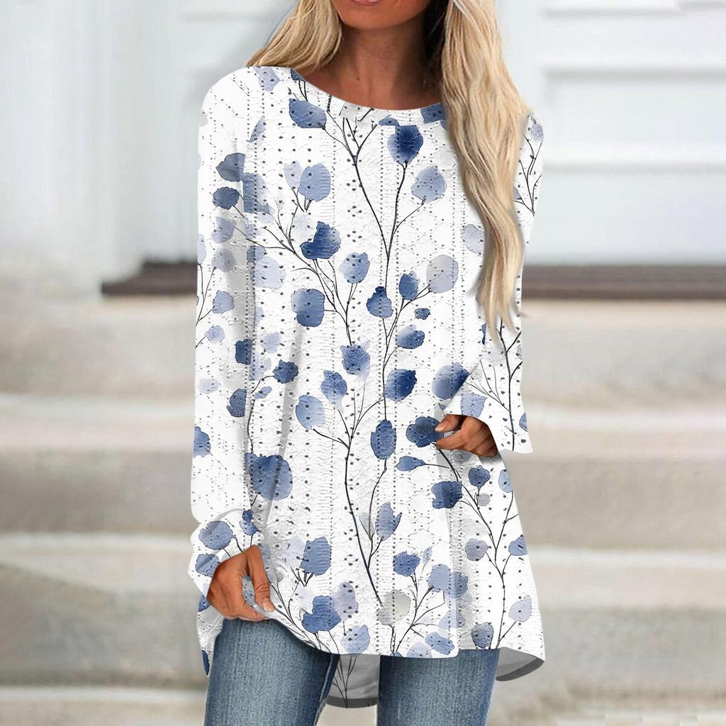 Womens Tops Round Neck Long Sleeve Blouses Casual Mid-length Shirts Fashion Print Tunic Tops