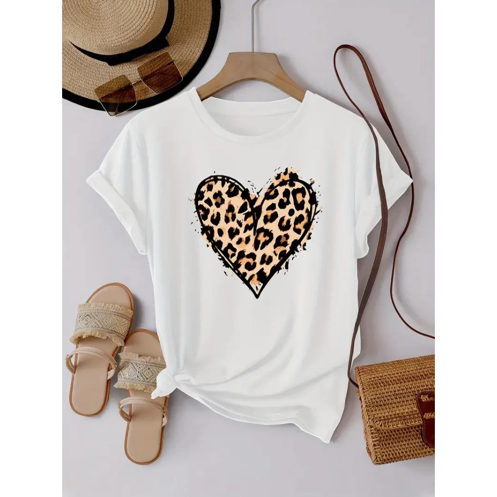 Haut d'été T-shirt Imprimé Léopard Cœur Graphique T-shirt pour Amoureux T-shirts Graphiques Vêtements pour Femmes Mode T-shirt