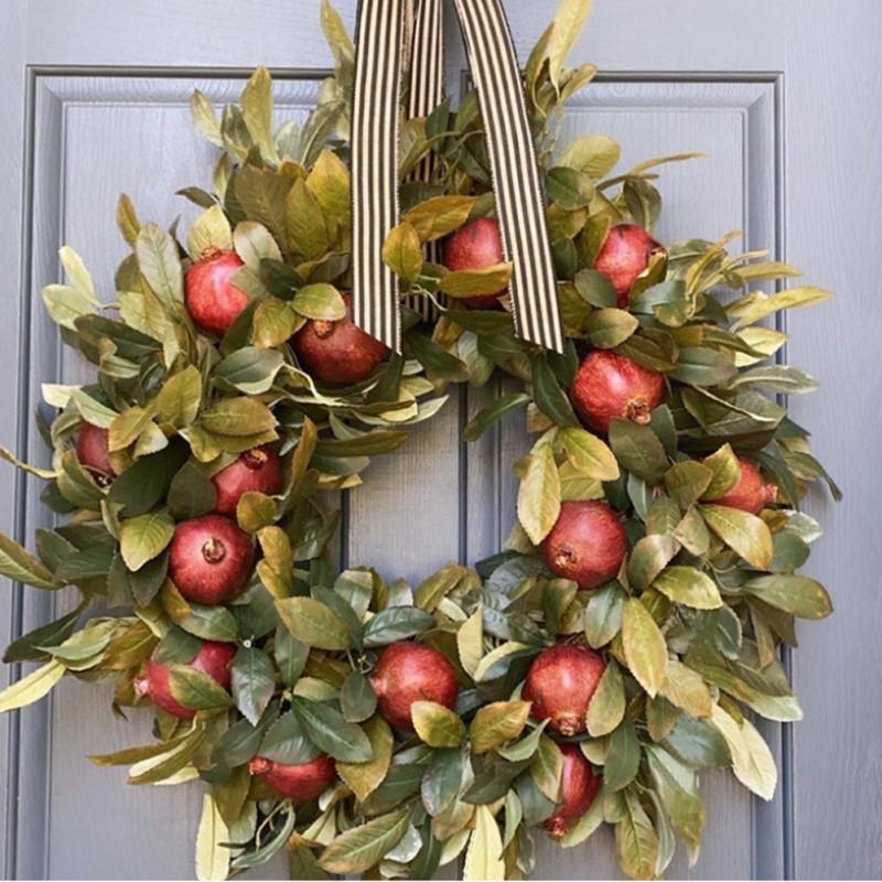 Artificial  Pomegranate  Wreath Bowknot Pomegranate And Leaf Thanksgiving Farmhouse Front Door Decor