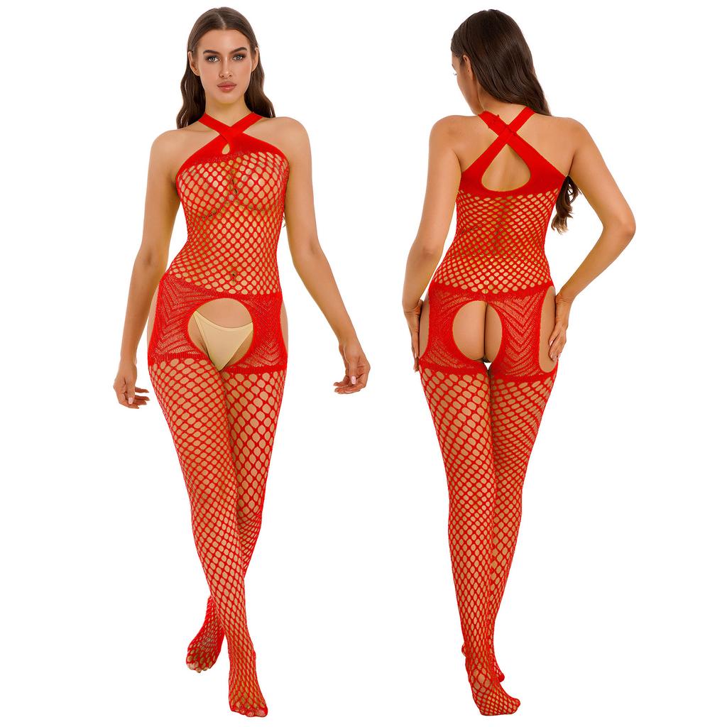 Womens Fishnet Crotchless Bodystocking See Through Cutout Cross Halter Neck Jumpsuit