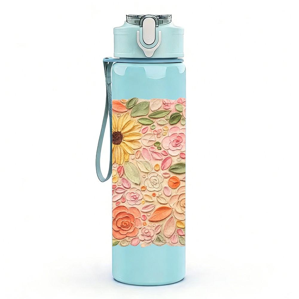 1PC Soft Pastel Flower Bouquet Print 750ml Color Plastic Sports Water Bottle Leakproof Flip Straw Lid Suitable for Sports Office Home Use