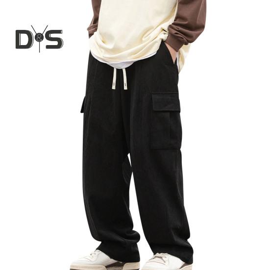 

Мужские брюки с эластичной талией, регулируемые на шнурке, длинные брюки с карманами с клапанами, однотонные свободные вельветовые брюки XXL чёрный