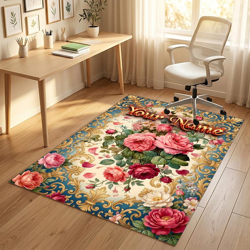 Floral Garden Theme Crystal Velvet Rug Personalized Custom Name Text Soft Floor Mat Home Decor