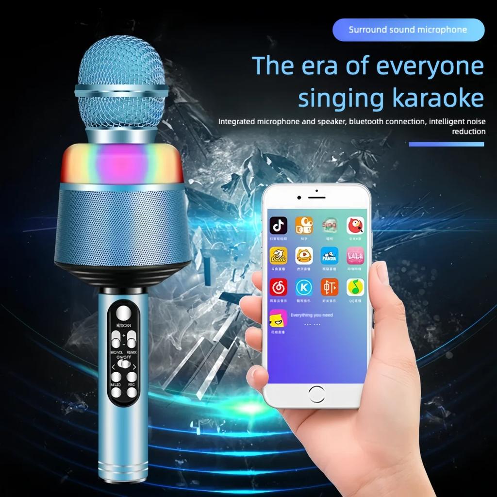 Wireless Bluetooth Karaoke Microphone, 5-in-1 Portable Handheld Mic Speaker with Dynamic Lights, Karaoke Microphone for Adults