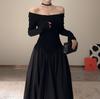 Hepburn Style Inner Long-sleeved Dress for Women's Autumn and Winter New French Retro Waist and Thin Black Bottom Long Skirt