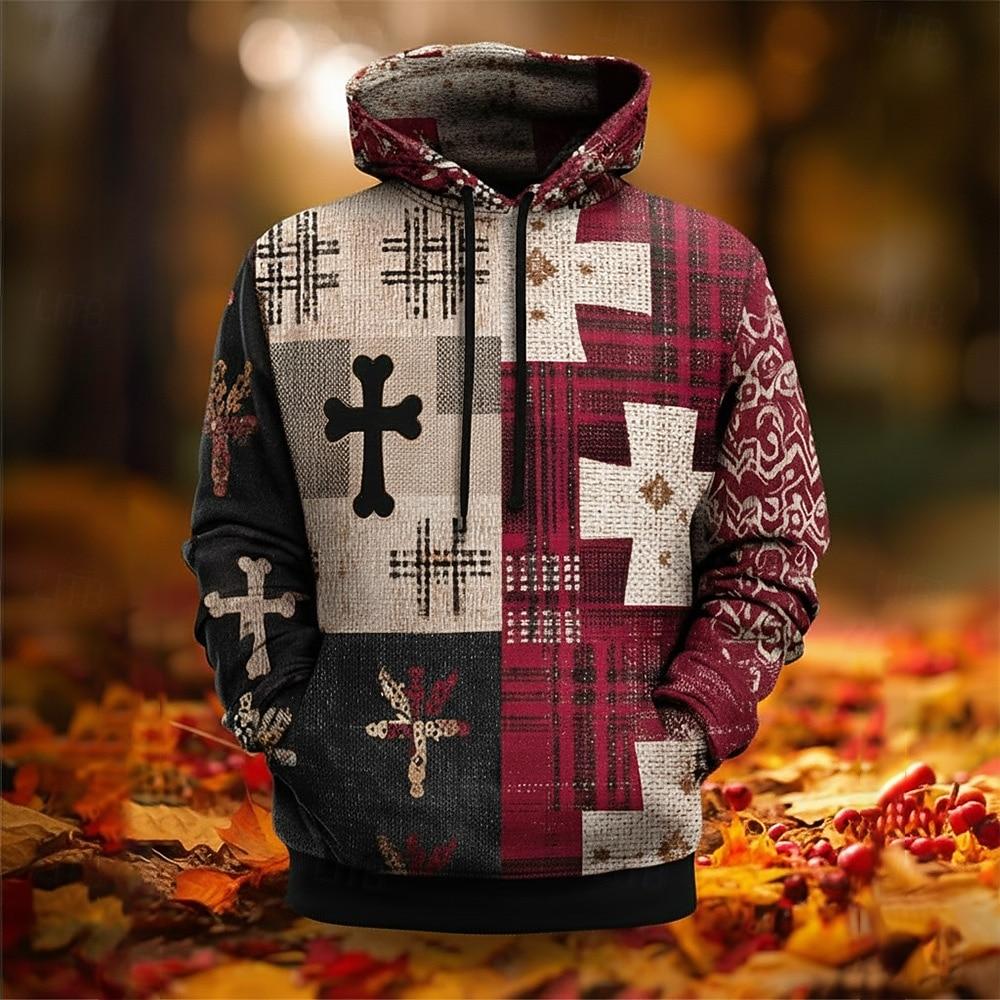 Men's American US Flag Cross Hoodie Sweatshirt Fashion Plaid Crew Neck Outdoor Office Streetwear Red Blue Drawstring Graphic Fall Winter Designer