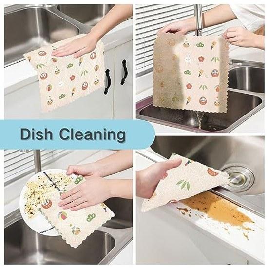 Kitchen cloth Japanese style pattern pink rabbit floral design dishcloth absorbent quick-drying stain removal wiping set 6 stylish cleaning household