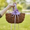Fashionable Small Wicker Flower Girl Baskets with Pearls Detailing and Ribbon for Wedding Decoration and Candy Storage