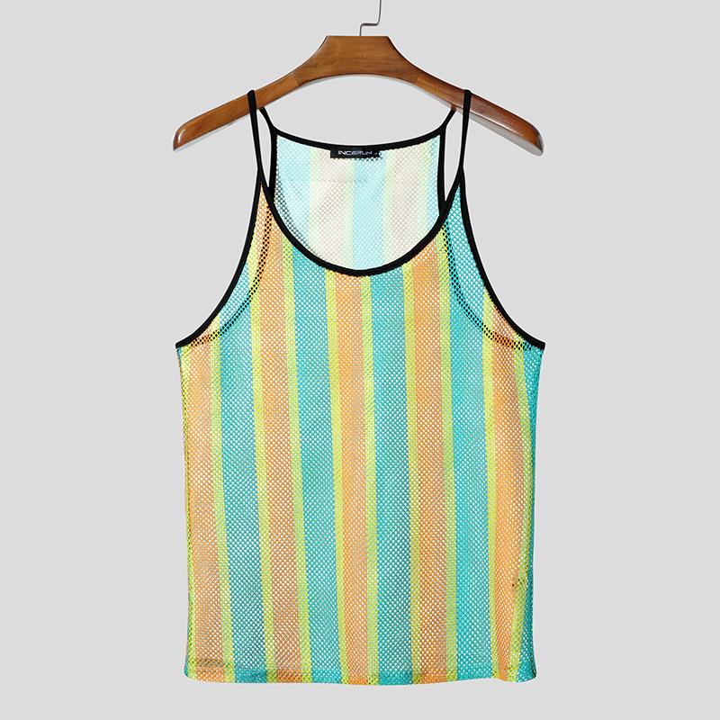 

INCERUN Summer Men U Neck Sleeveless Striped Hollow Stitching Tank Tops 3XL синий