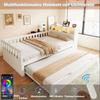 Multifunctional Wooden Bed 90 × 200 cm, With Pull-Out Bed, Shelf and Storage, Equipped With Socket and LED Lighting, Safety Rail, Single Bed, White