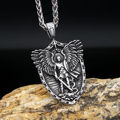New Retro Shield Pendant, European and American Titanium Steel Angel Necklace Accessory