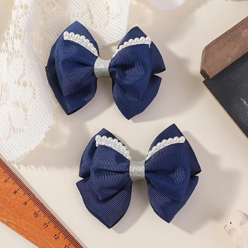 2Pcs 3.34inch Kids Bows Pearl Ribbon Hair Clips for Baby Girls Boutique Delicate Bowknot Barrette Palace Princess Style Headwear