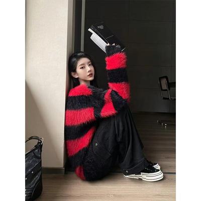 Men's 2023 Cross-Border Sweatshirt: Black & Red Striped, Knitted Round Neck Sweater for Spring & Autumn.