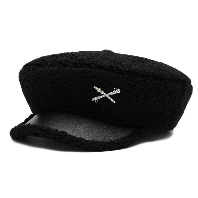 

Кепка темно-синего цвета для женщин, осень-зима, овечья шерсть, стразы, теплая берет, плоская шляпа чёрный