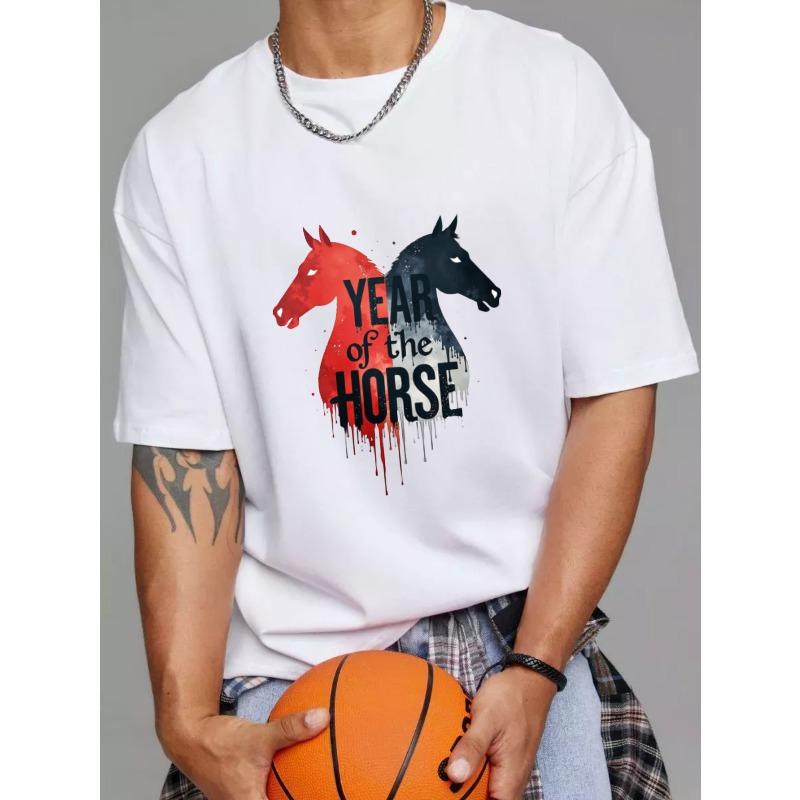 Crewneck T Shirt White Year of The Horse Graphic Print for Casual Wear