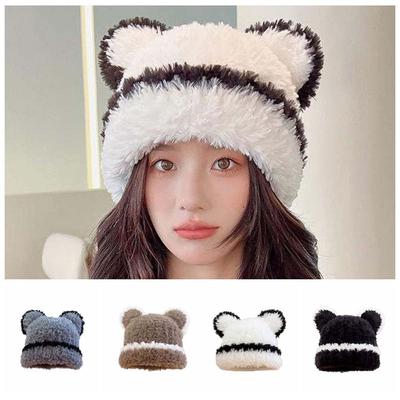 Patchwork Cat Ear Skullies Korean Style Winter Warm Hat Plush Bear Ear Beanies Cap  Female/Girls