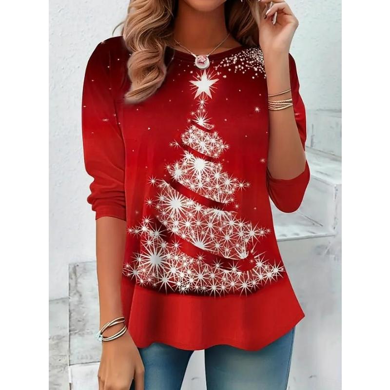 Women's T shirt Crew Neck Long Sleeve Tunic Holiday Sweatshirt Snowman Print Color Block Red