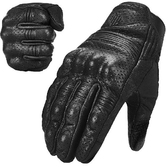 ILM Goatskin Leather Motorcycle Motorbike Powersports Racing Gloves Touchscreen For Men And Women Model DN01(M, Black Unperforated) Medium